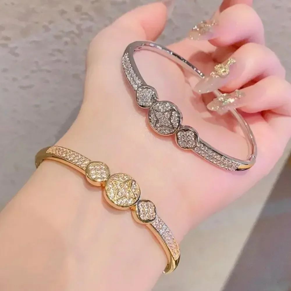 Silver Diamond Clover Bangle Bracelet